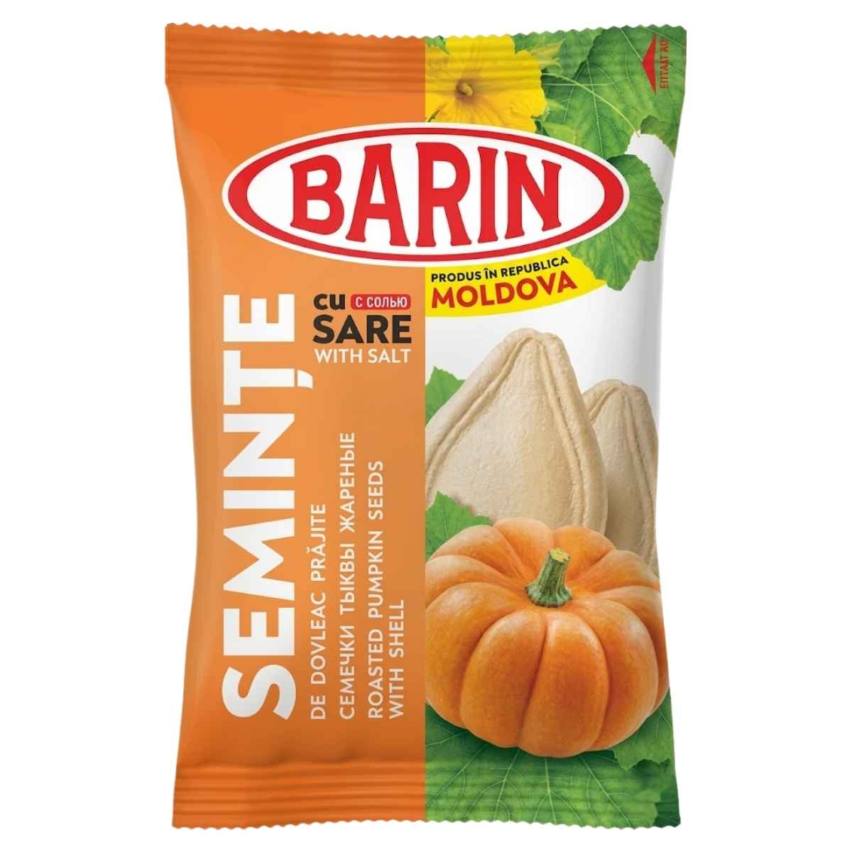 Barin brand packaging of roasted pumpkin seeds with salt on a white background