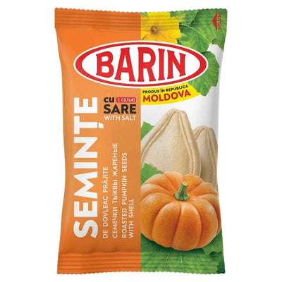 Barin brand packaging of roasted pumpkin seeds with salt on a white background