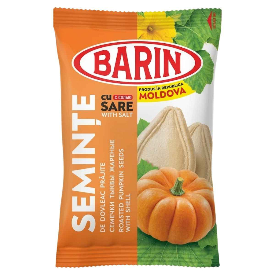 Barin brand packaging of roasted pumpkin seeds with salt on a white background