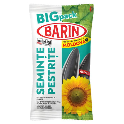 A 150g package of Barin Roasted & Salted Striped Sunflower Seeds, featuring sunflower and seed images, labeled as a product of Moldova.
