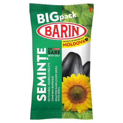 A green and white 200g pack of Barin Roasted & Salted Sunflower Seeds With Shell from Moldova, featuring a sunflower image and “BIG pack” and “SEMINTZE” labels.