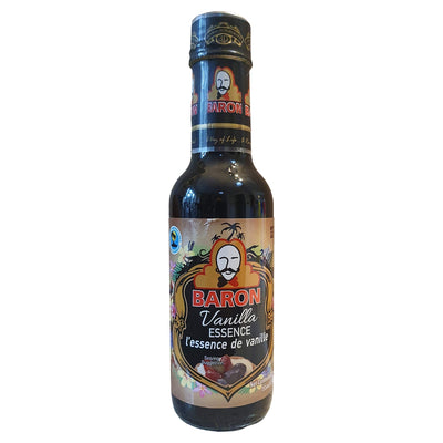 A 155ml bottle of Baron - Vanilla Essence, featuring a label with an illustrated man with a mustache and a small image of vanilla beans.
