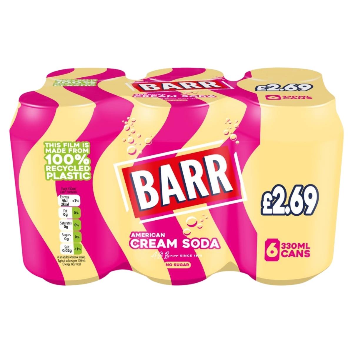 Barr - American Cream Soda Cans (6 x 330ml) by Barr, featuring pink and yellow packaging, made from 100% recycled plastic. Price: £2.69.