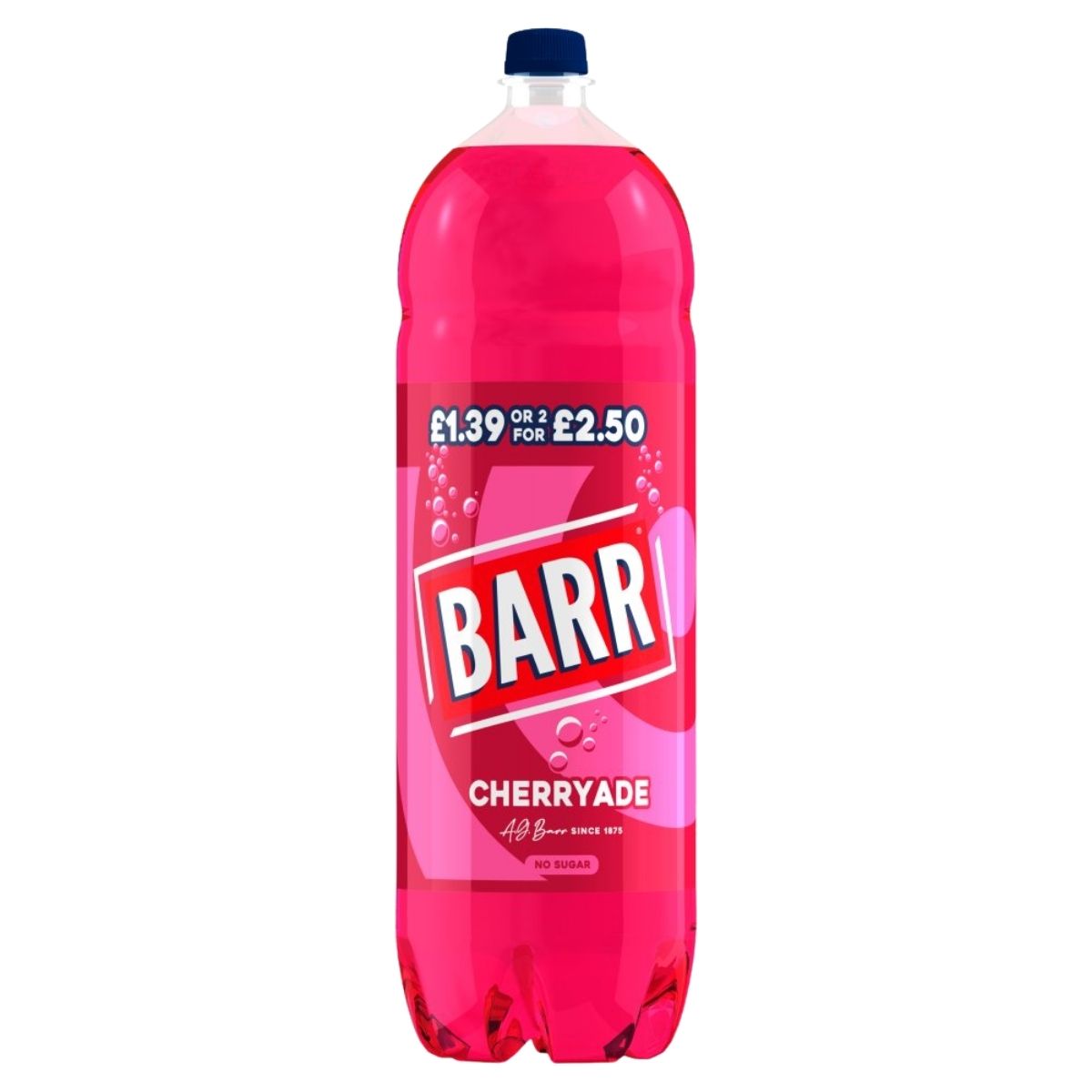 Pink bottle of Barr Cherryade on a white background