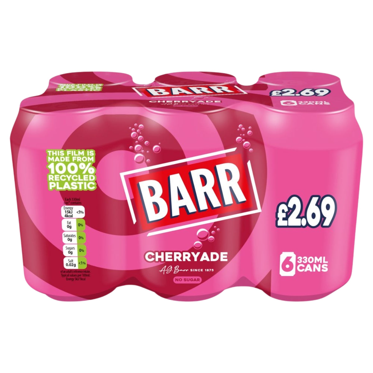 A six-pack of Barr Cherryade non-alcoholic fruit drink in a pink plastic multipack sleeve, showing the price of 2.69 and a 6-pack size.