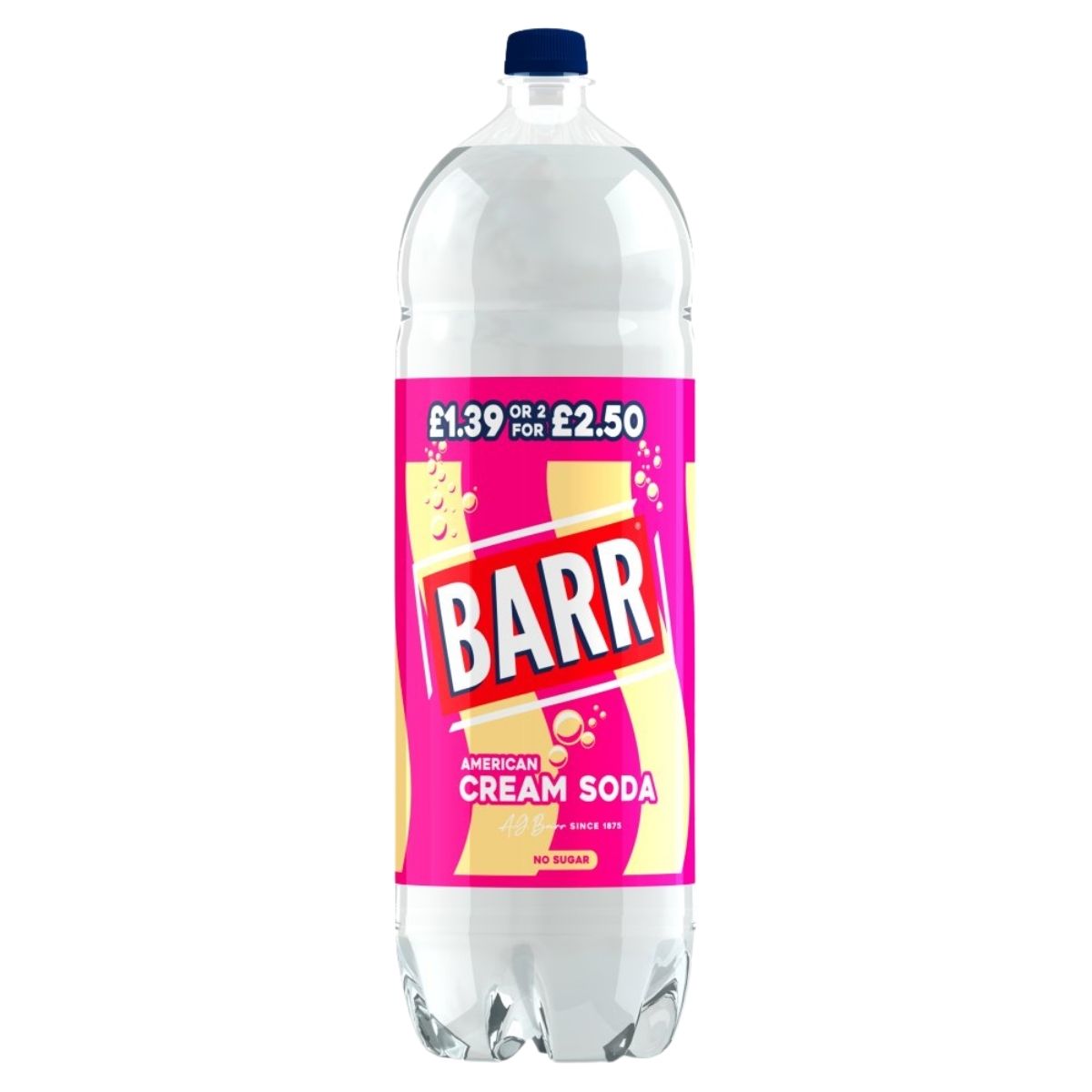Bottle of Barr American Cream Soda with a pink label on a white background