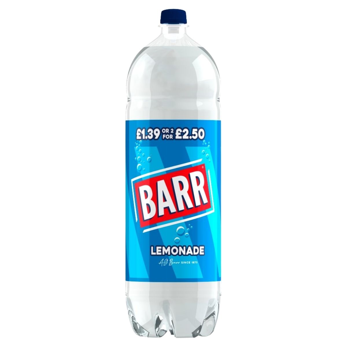 Barr Lemonade 2L features blue labeling and is priced at £1.39 each or 2 for £2.50, as shown on the label.