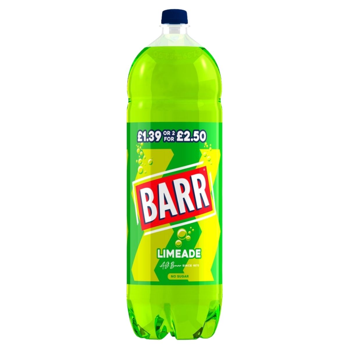 Barr Limeade 2L, a carbonated drink by Barr in a plastic bottle with green and yellow label, contains citric acid and has "No Sugar" on the pack. Price offers available.