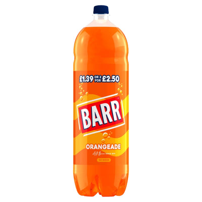 Two-liter bottle of Barr - Orangeade Soft Drink with carbonated water and sweeteners, featuring a label advertising £1.39 or two for £2.50.