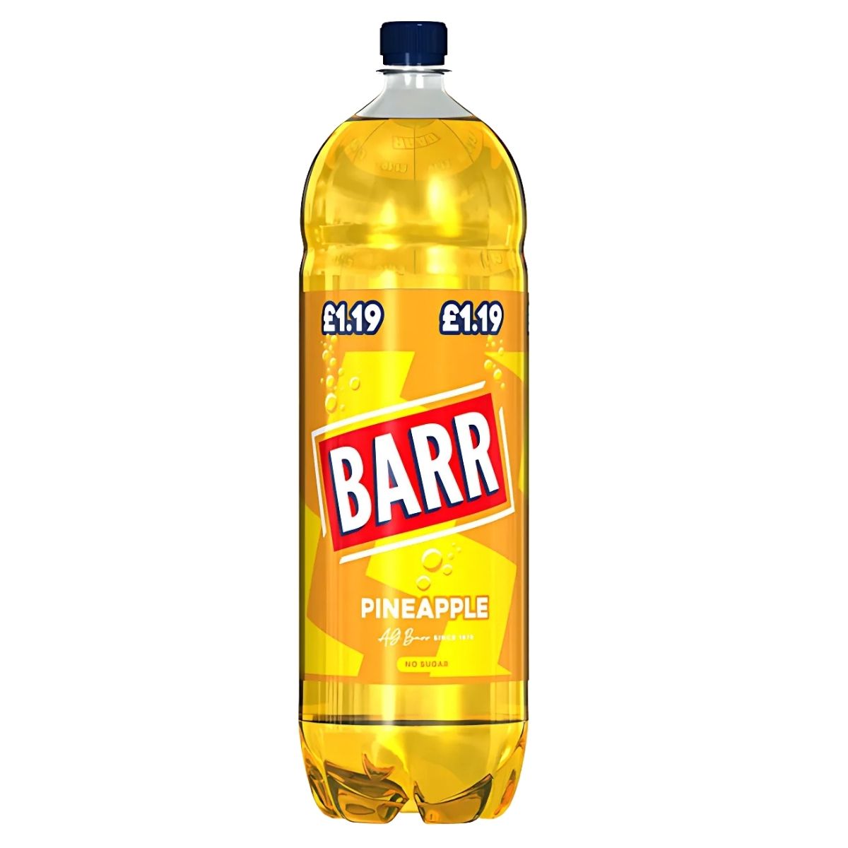 A 2L bottle of Barr Pineapple Soda, highlighting its refreshing flavour on a vibrant yellow background, is priced at £1.19.