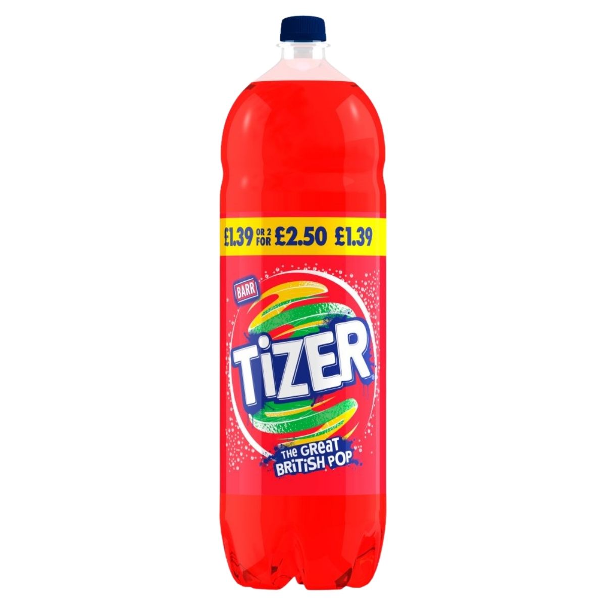 A 2L Barr Tizer bottle with bright red soda, a colorful label, and a yellow price band stating “£1.39 or 2 for £2.50.”.