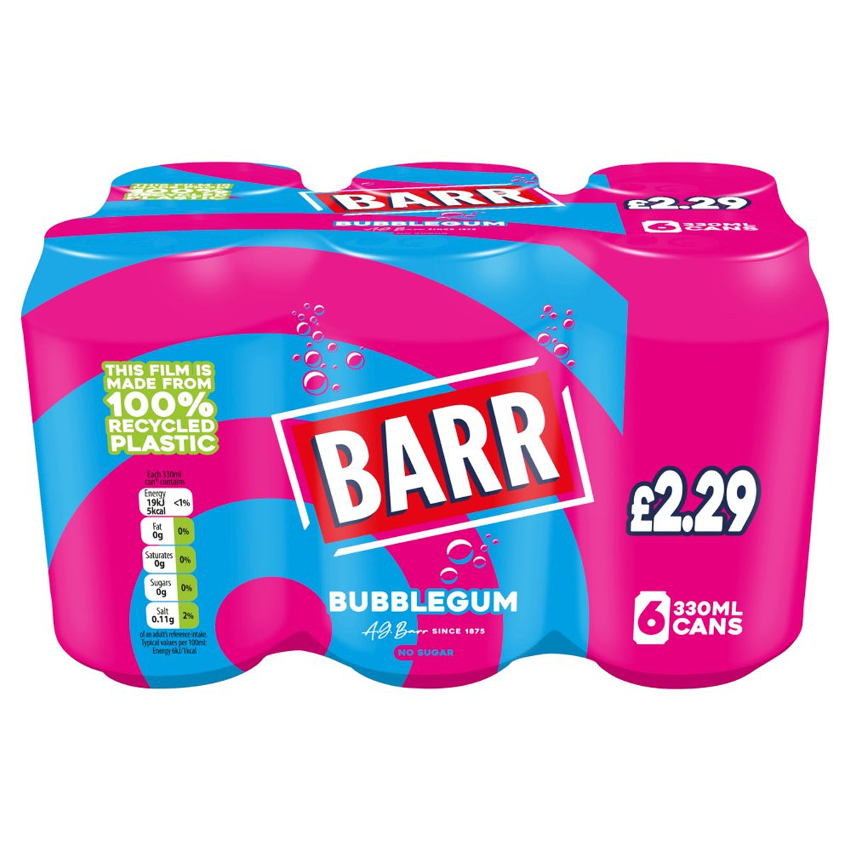 A pack of Barr - Bubblegum - 6x330ml bubble gum.