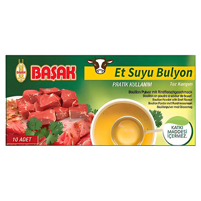 Basak - Beef Stock Bouillon Powder (Halal) - 10 x 10g: Features images of beef cubes, broth, herbs, and Turkish-German text—perfect for anyone seeking convenient halal beef bouillon or instant beef stock powder.
