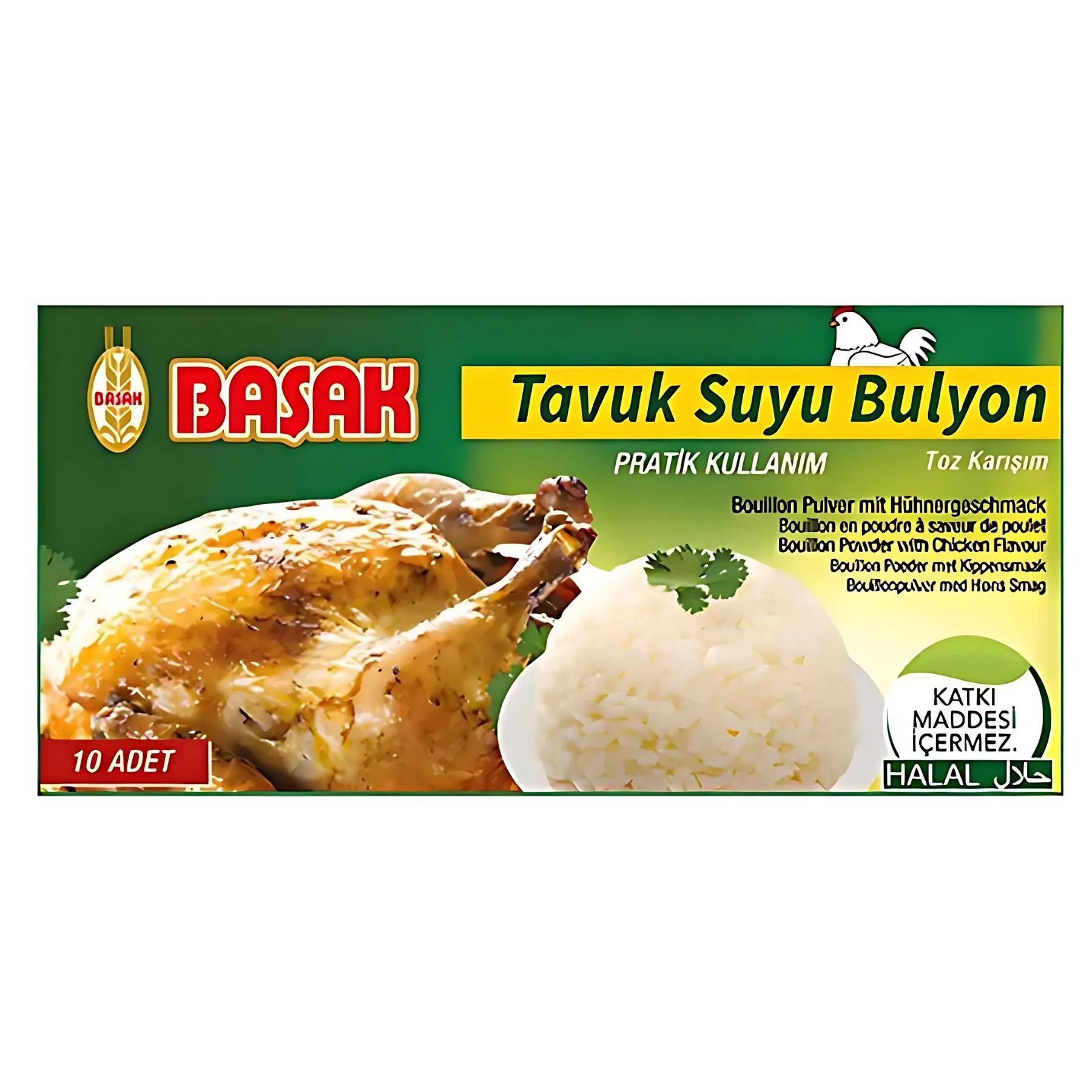 Basak Chicken Stock Bouillon Powder (Halal), 10 x 10g sachets, features a roasted chicken and rice image on the box. Convenient single-serve packets and clear halal labeling make this seasoning easy to use.