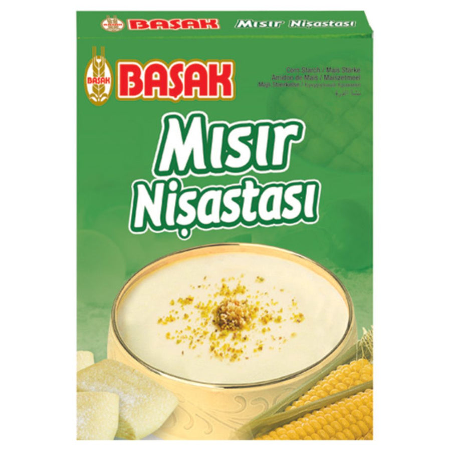 A 200g Basak Corn Starch (Misir Nisastasi) box in green features images of a white dessert, corn cobs, and starch cubes, with "Mısır Nişastası" on the package.