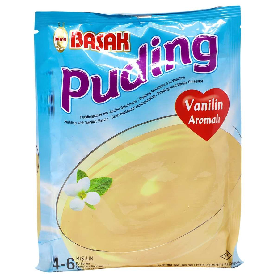 Basak - Vanilla Pudding - 130g is a creamy dessert with rich vanilla flavor, featuring smooth pudding on the packaging and a red heart graphic labeled "Vanilin Aromalı.