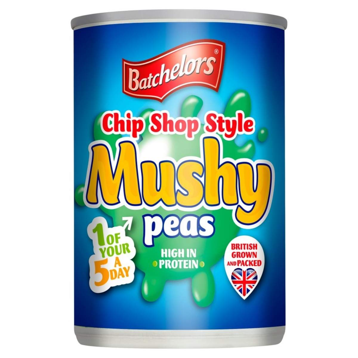 Batchelors Chip Shop Style Mushy Peas, a 300g can marked as high in protein and contributing to 1 of your 5 a day, adorned with a British flag symbol.