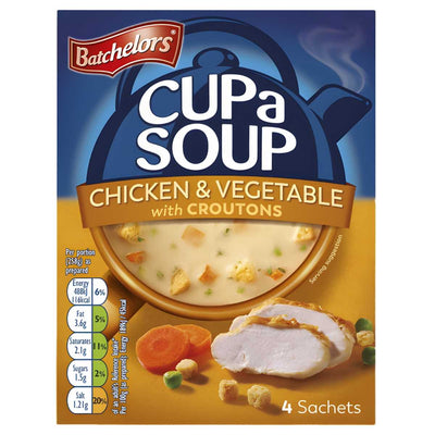 Front of a Batchelors Cup a Soup Chicken & Vegetable with Croutons 110g box showing soup with croutons, a bowl, chicken, vegetables, nutrition info, and 4 sachets. Brand: Batchelors.