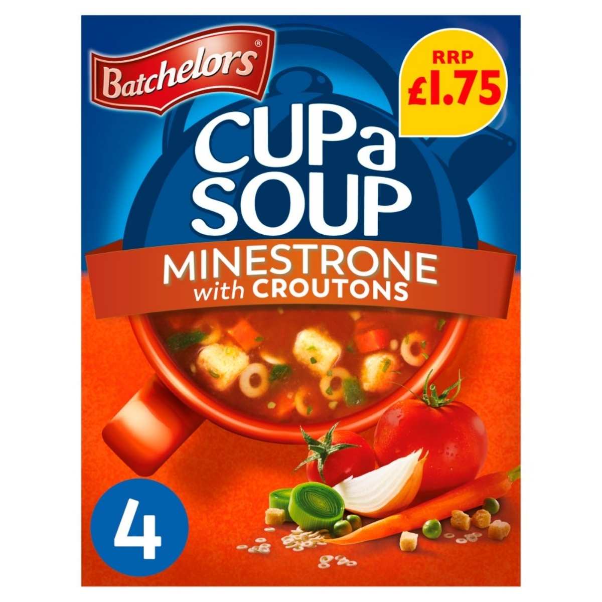 The Batchelors - Cup a Soup Minestrone with Croutons - 94g offers an enticing minestrone flavor with croutons, featuring a bowl of instant soup brimming with colorful vegetables. Affordable at only £1.75 and low in fat, it's an ideal option for a quick and tasty meal.