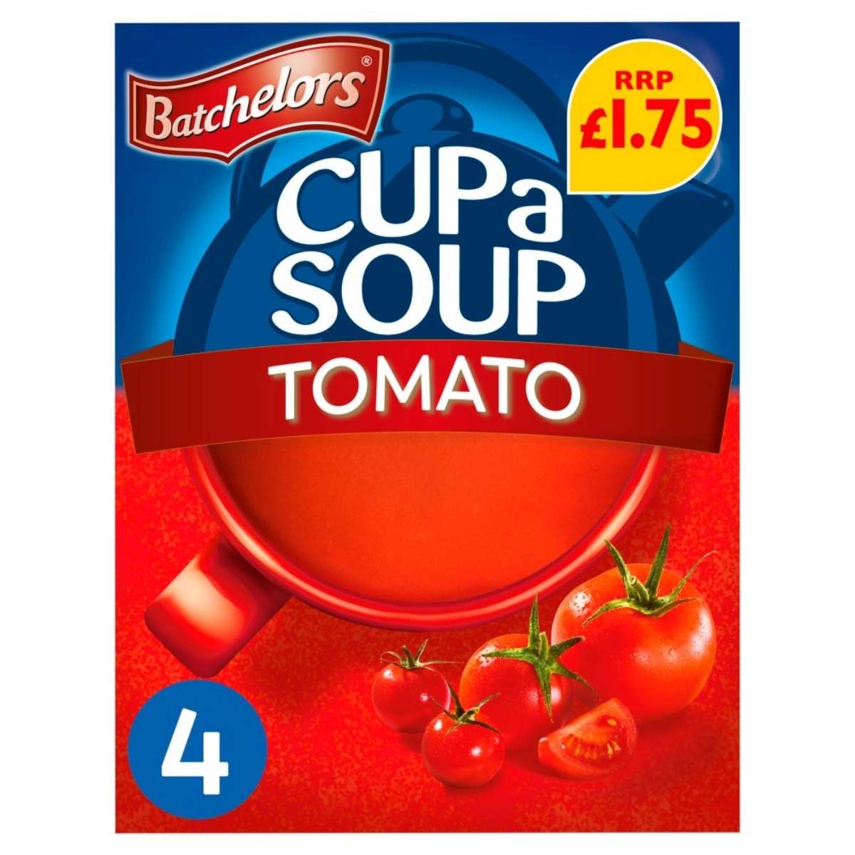 Packaging of Batchelors - Cup a Soup Tomato - 93g, showcasing an inviting image of a steaming bowl of flavorful tomato soup accompanied by three ripe tomatoes. Marketed as low in fat, this instant soup provides four servings with a recommended retail price (RRP) of £1.75.