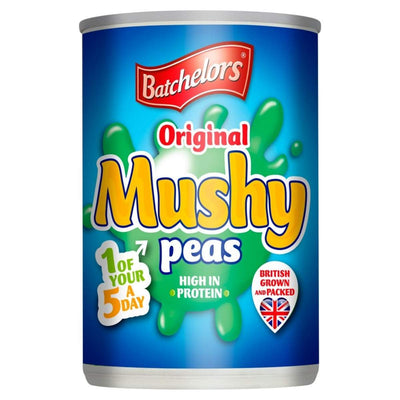 A 300g can of Batchelors - Original Mushy Peas, highlighted as "1 of Your 5 a Day," is noted for being "High in Protein" and sourced as "British Grown and Packed." The packaging is adorned with images of green peas.