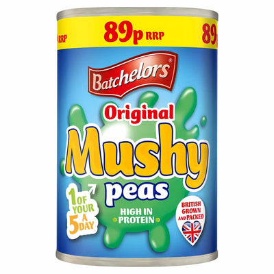 A 300g can of Batchelors Original Mushy Peas, made from British-grown peas, high in protein and 1 of your 5 a day, features a blue and yellow design and is labeled at 89p.