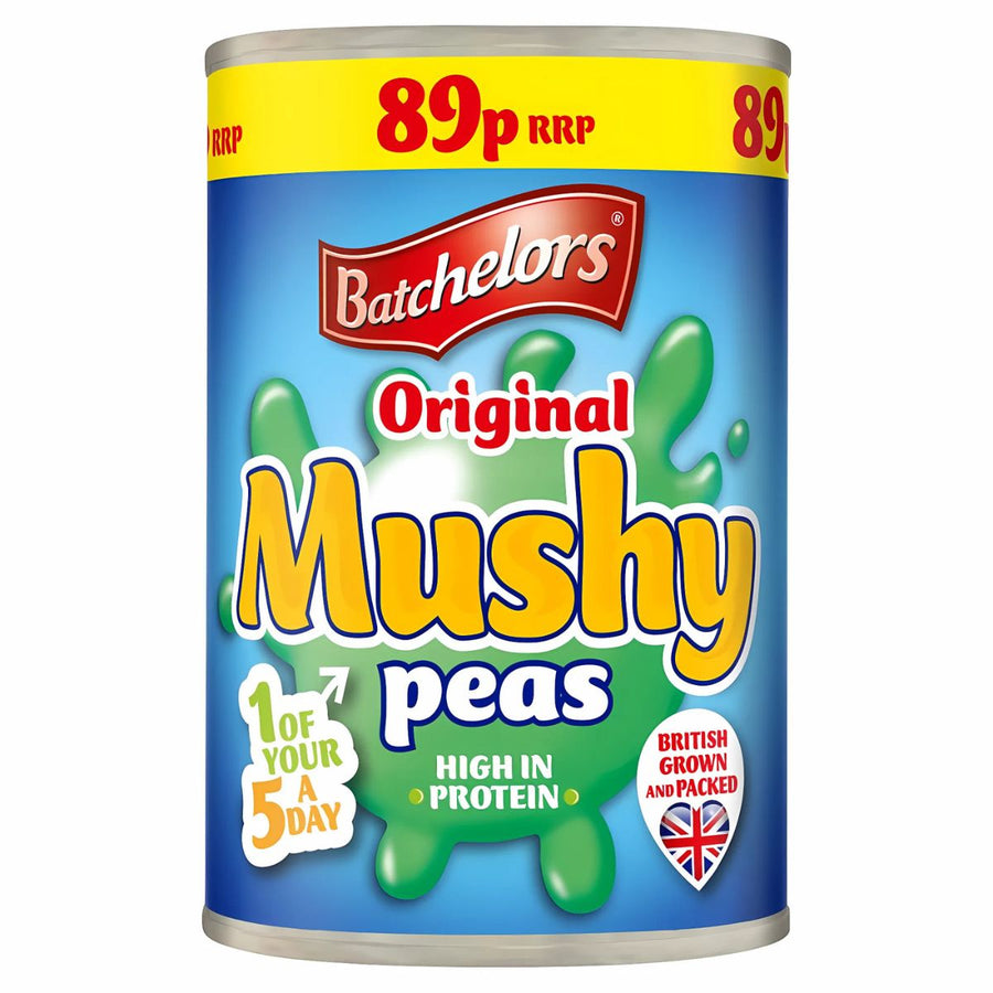 A 300g can of Batchelors Original Mushy Peas, made from British-grown peas, high in protein and 1 of your 5 a day, features a blue and yellow design and is labeled at 89p.