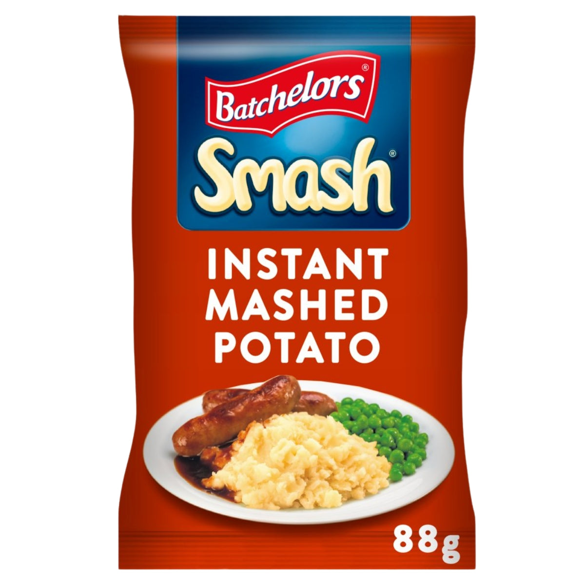 A packet of Batchelors Smash The Original Instant Mashed Potato (88g) made from dehydrated potato with natural flavourings, featuring an image of mashed potatoes, sausages, and peas on the packaging. Suitable for vegetarians.