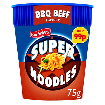 A 75g Batchelors Super Noodles BBQ Beef Flavour pot with a blue lid and a label showing noodles and "RRP 99p".