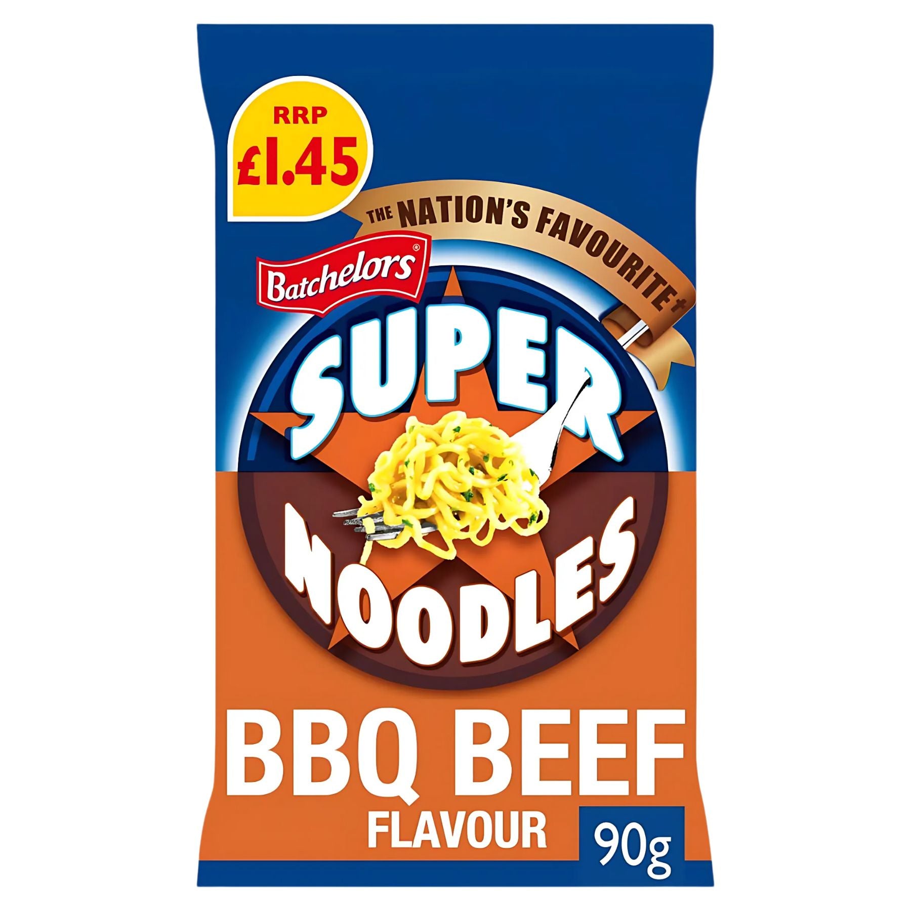 A 90g Batchelors Super Noodles BBQ Beef Flavour Instant Noodle, priced at £1.45 and labeled "The Nation's Favourite" on its packaging.