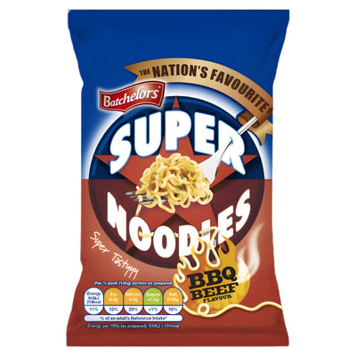 A 90g pack of Batchelors Super Noodles BBQ Beef Flavour Instant Noodles, featuring blue and red packaging with images of cooked noodles and nutrition info on the front.