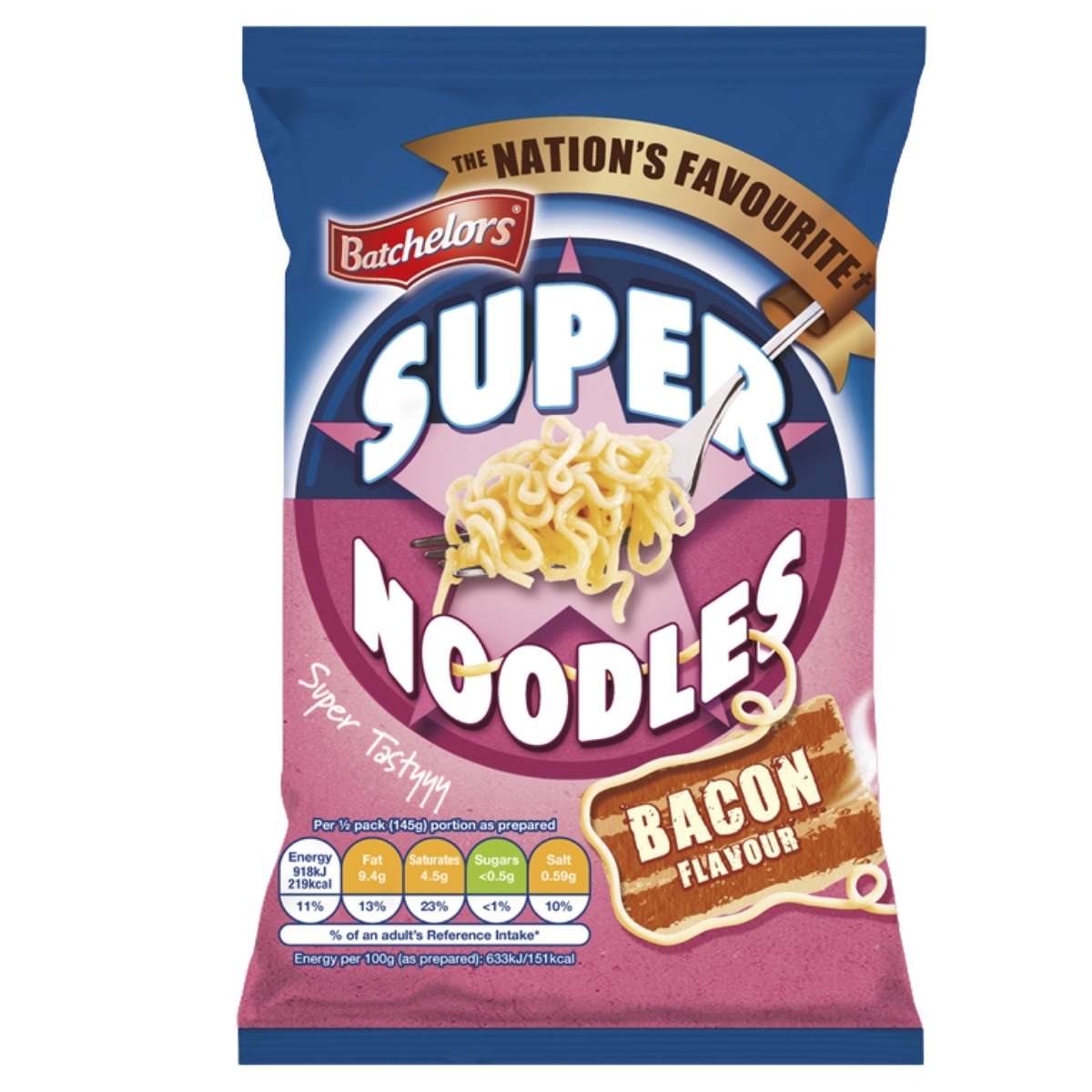 Batchelors Super Noodles Bacon Flavour Instant Noodle (90g) by Batchelors, shown with cooked noodles on a fork and nutrition information visible on the packaging.