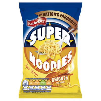 A blue and yellow 90g pack of Batchelors Super Noodles Chicken Flavour Instant Noodle, showing an image of noodles and chicken on the front with nutrition info at the bottom left.