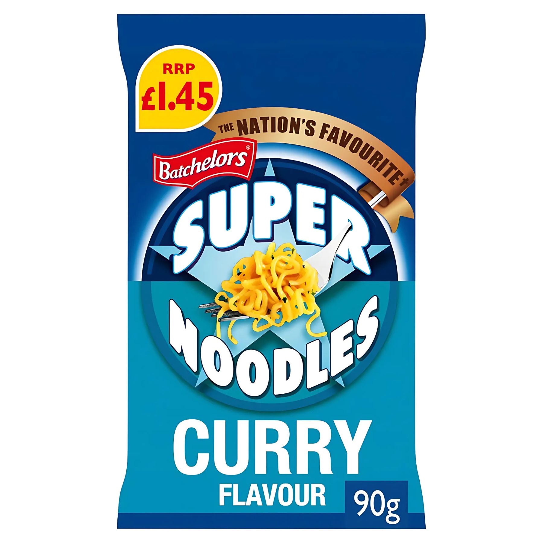 A 90g pack of Batchelors Super Noodles Curry Flavour Instant Noodle, labelled "The Nation's Favourite" and priced at £1.45—ideal for a quick meal.