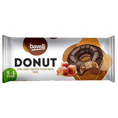 The Bavelli - Cocoa Coated Donut with Caramel Sauce Filling 6 Pack (240g) features a donut with cocoa coating and caramel filling, alongside images of strawberry glazed donuts and caramel pieces on its wrapper.