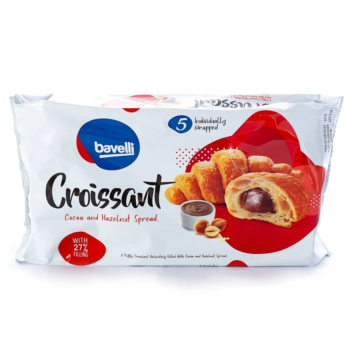 The Bavelli Croissant package, weighing 225g, includes five individually wrapped croissants filled with 27% chocolate and hazelnut cream. The packaging features a croissant bursting with flavor.