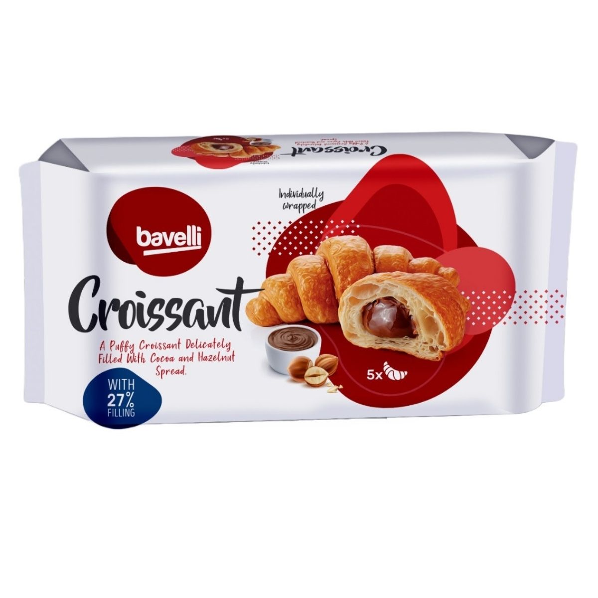 Bavelli's 5-pack Croissant (225g), filled with sumptuous chocolate hazelnut cream, features packaging that displays an image of cut croissants revealing the rich filling alongside ingredients such as hazelnuts and chocolate.