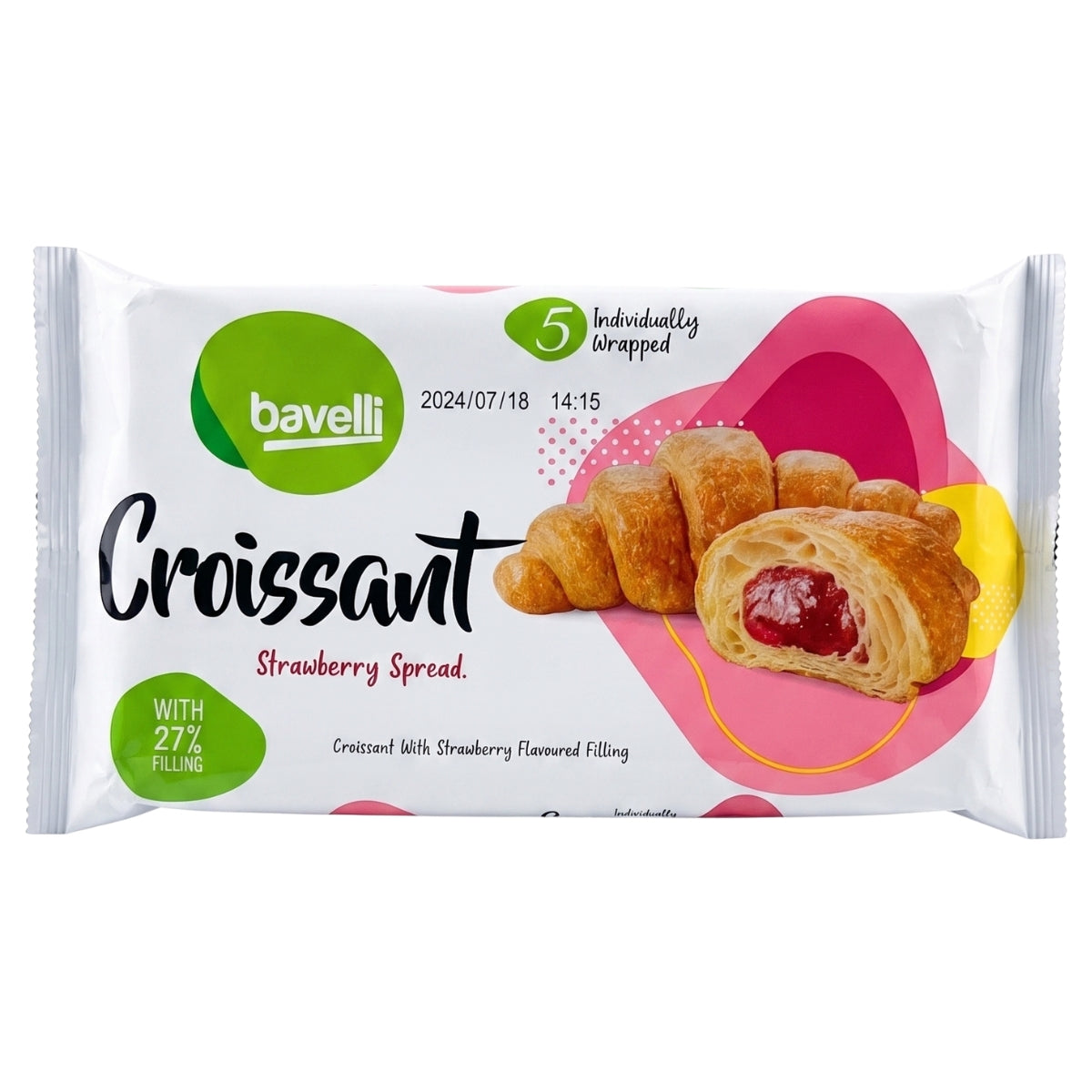A pack of Bavelli Croissant With Strawberry Flavoured Filling (5 Pack) from Bavelli, featuring an image of a croissant with red strawberry filling and labeled as containing 27% filling. Expiry date: 2024/07/18.