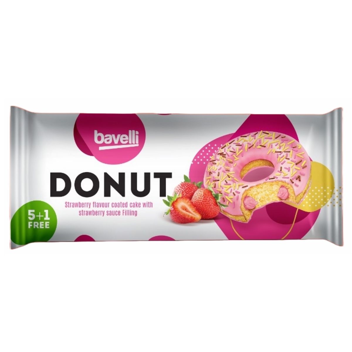 Packaging of Bavelli's Strawberry Glazed Donut with Strawberry Cream Filling. The image shows a pink donut with a crispy glazed shell and strawberry accents. Text indicates "6 Pack (240g).