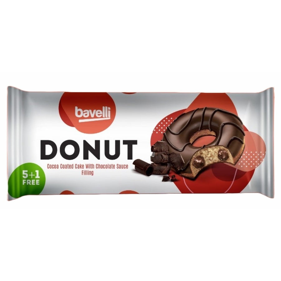 The Bavelli - Chocolate Glazed Donuts with Chocolate Cream Filling 6 Pack (240g) showcases a cocoa-coated cake with a rich chocolate cream inside. The wrapper features an image of the donut and teases a 5+1 free offer, making these treats irresistible.