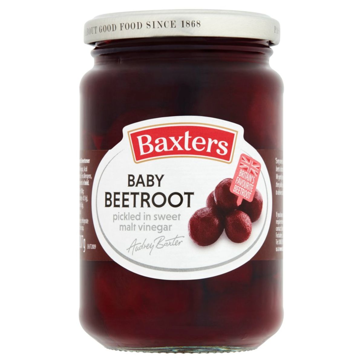 A jar of Baxters - Baby Beetroot - 340g pickled in sweet malt vinegar, pre-cooked for convenience, with a label that states "trusted good food since 1868".