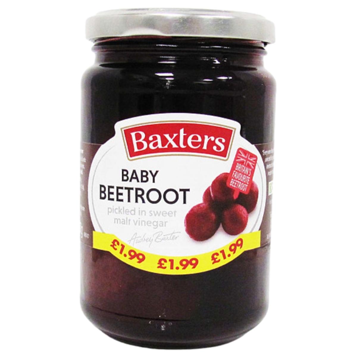 A 340g jar of Baxters Baby Beetroot Pickled in Sweet Malt Vinegar with a silver lid, price marked at £1.99.