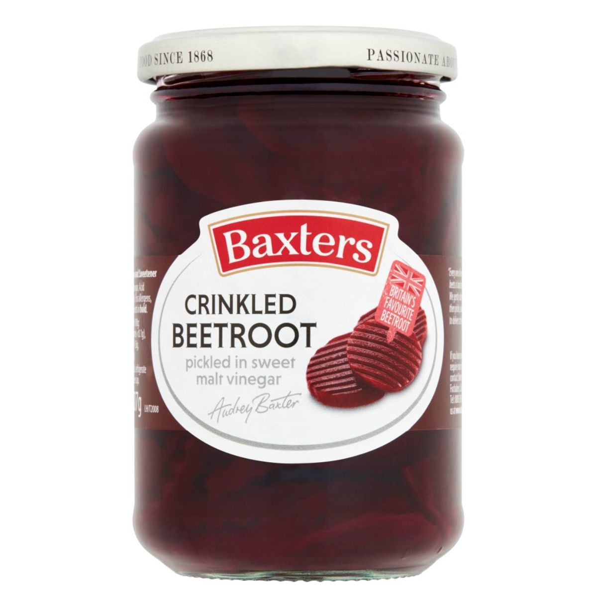 A jar of Baxters - Crinkled Beetroot - 340g, pickled in sweet malt vinegar. The label shows an image of the beetroot slices with their distinctive crinkled texture and mentions "produced by Audrey Baxter.