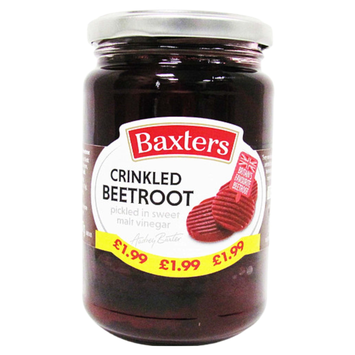 A 340g jar of Baxters Crinkled Beetroot, featuring a silver lid and a white label marked at £1.99, delivers the classic taste of premium pickled beetroot in every crunchy slice.