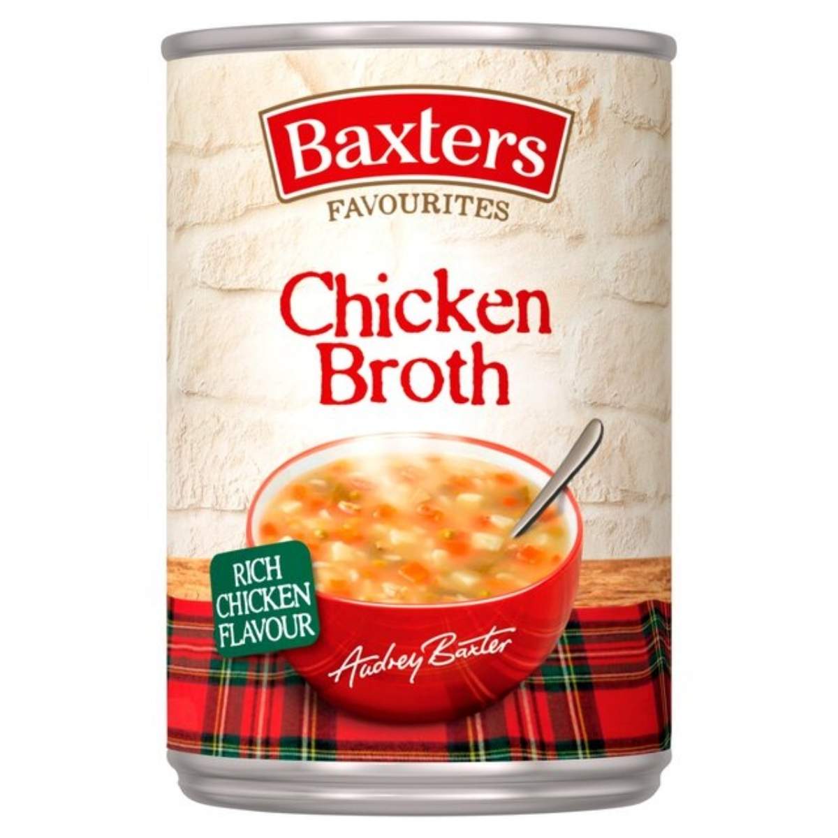 A can of Baxters - Favourites Chicken Broth Soup - 400g features a cozy bowl of soup in a red dish accompanied by a spoon. The label emphasizes the "Rich Chicken Flavour" and confirms it's Gluten Free, making it an ideal choice for those wanting hearty satisfaction without the guilt.