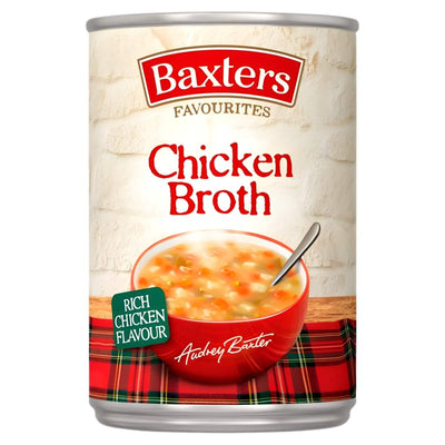 A 400g can of Baxters Favourites Chicken Broth Soup features "Rich Chicken Flavour" and Audrey Baxter on a tartan background, with an image of hearty chicken soup in a red bowl and a spoon.