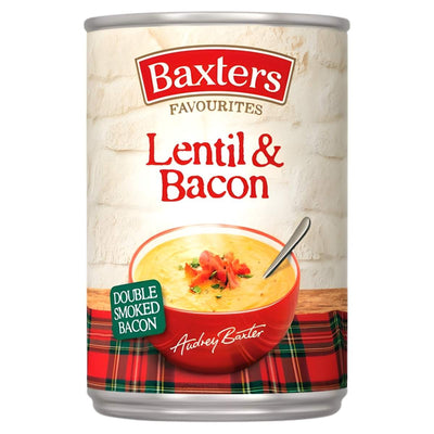 A 400g can of Baxters - Favourites Lentil & Bacon Soup from the Baxters brand, featuring an image of the hearty soup served in a bowl with a spoon and a tartan pattern along the bottom.