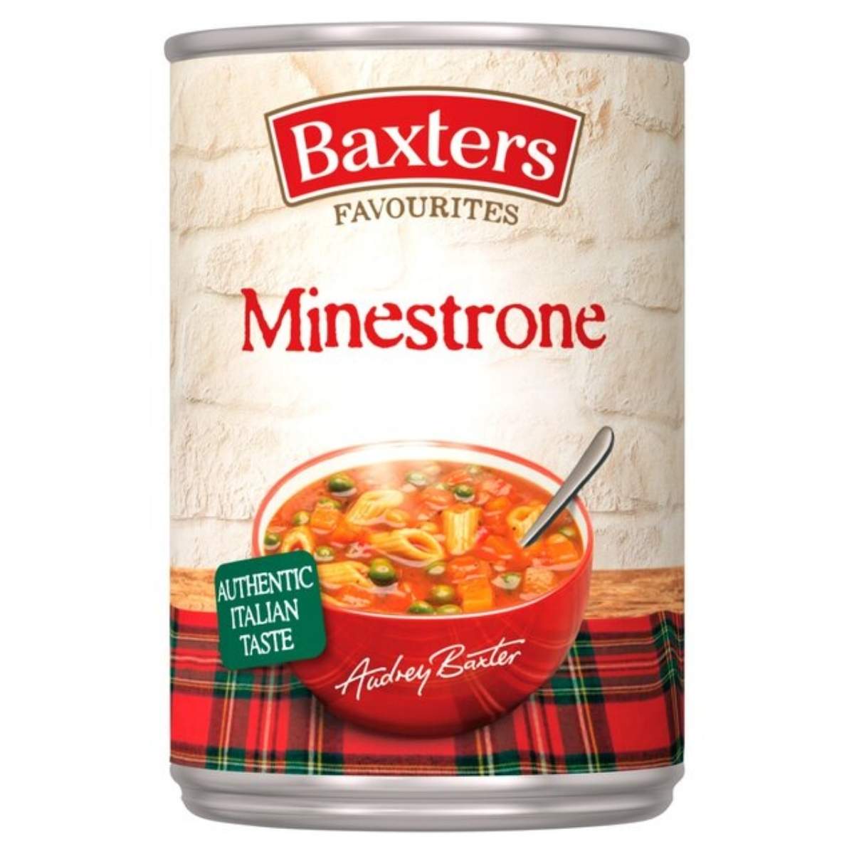 A 400g can of Baxters Favourites Minestrone with a red and green tartan design at the bottom.