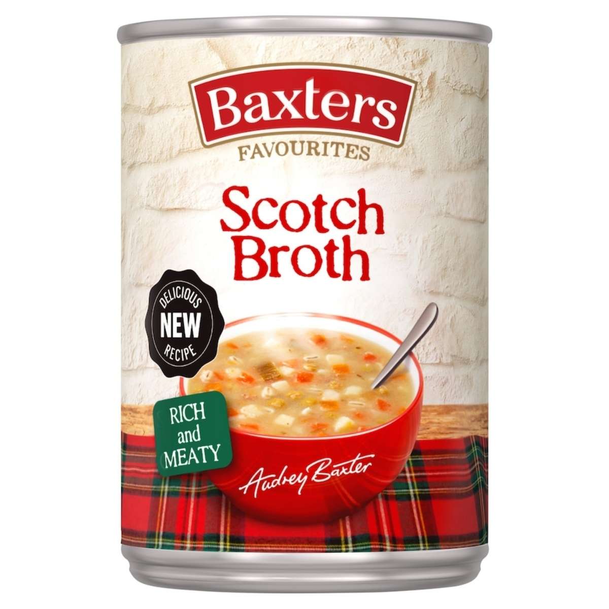 A 400g can of Baxters Favourites Scotch Broth displays soup in a red bowl with "Rich and Meaty" and "Delicious New Recipe" on the label.