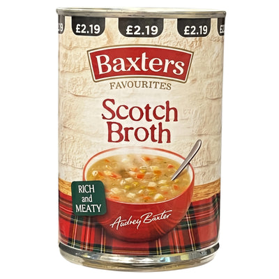 A 400g can of Baxters - Favourites Scotch Broth soup featuring a bowl of the soup and a label reading “Rich and Meaty.”